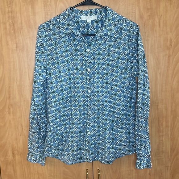 Loft Medium Button down long sleeve blouse. Blue, white and green floral print - Picture 1 of 7